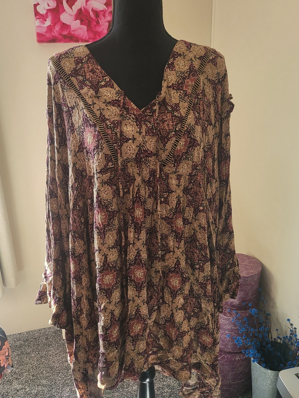 Boho V-Neck Long Sleeve Tunic Top - Purple & Tan